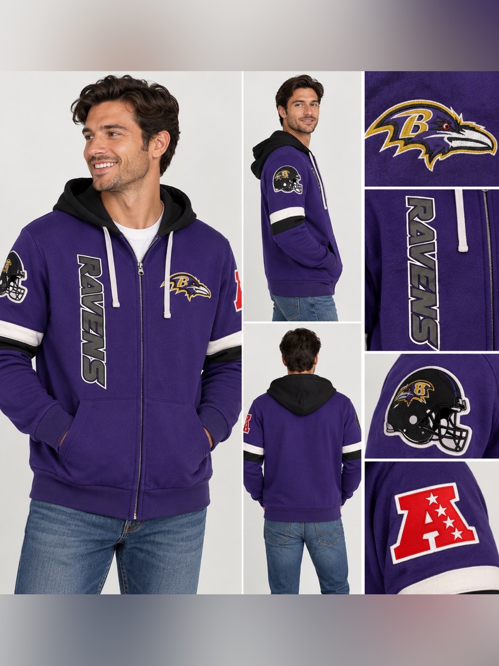 Baltimore Ravens NFL Hoodie Men’s Large Purple Full Zip Embroidered Football
